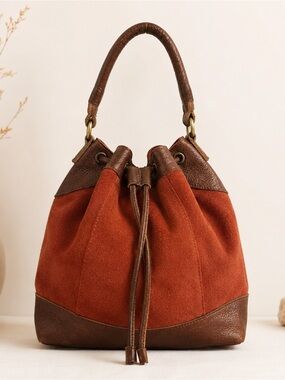 Anabaglish Rust Suede & Brown Leather Drawstring Bucket Bag Boho Hobo Purse